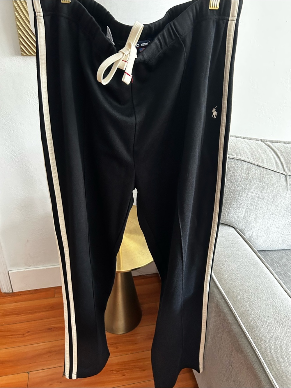 Polo Ralph Lauren Track Pants Men's XL Black White Side Stripe Ankle Zip